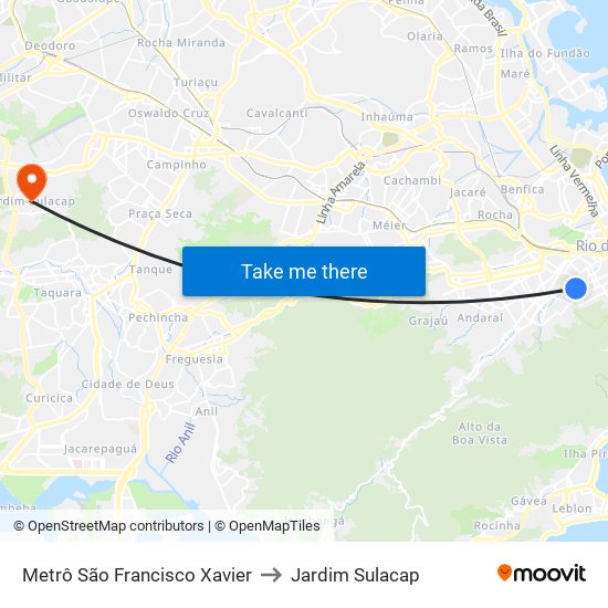 Metrô São Francisco Xavier to Jardim Sulacap map