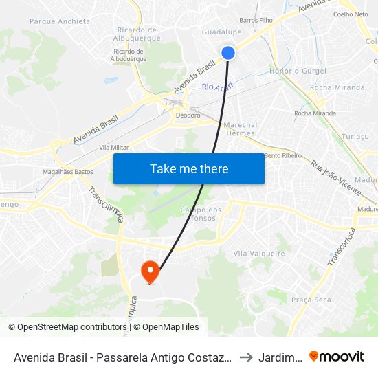 Avenida Brasil - Passarela Antigo Costazul Guadalupe (Sentido Zona Oeste) to Jardim Sulacap map