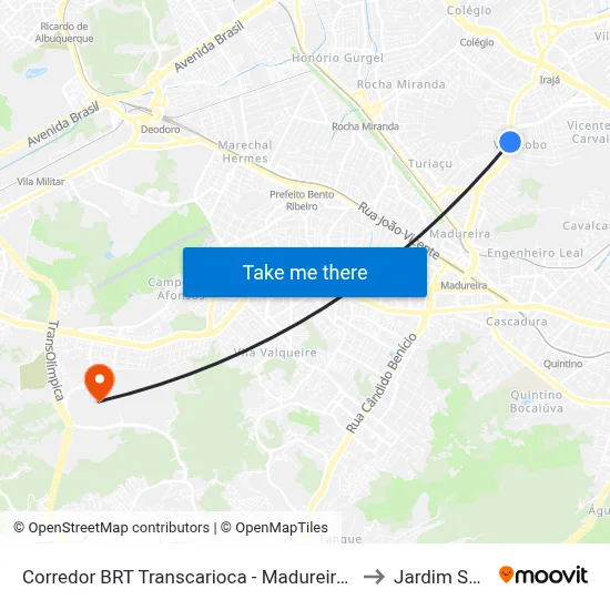 Corredor BRT Transcarioca - Madureira Rio De Janeiro to Jardim Sulacap map