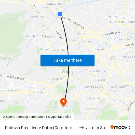 Rodovia Presidente Dutra (Carrefour Belford Roxo) to Jardim Sulacap map