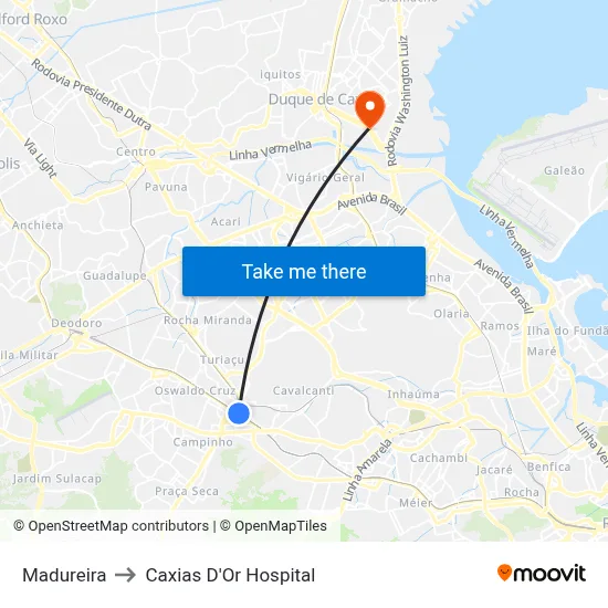 Madureira to Caxias D'Or Hospital map
