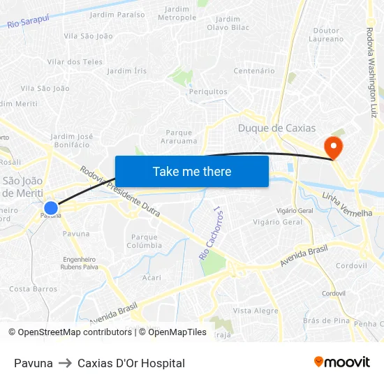 Pavuna to Caxias D'Or Hospital map