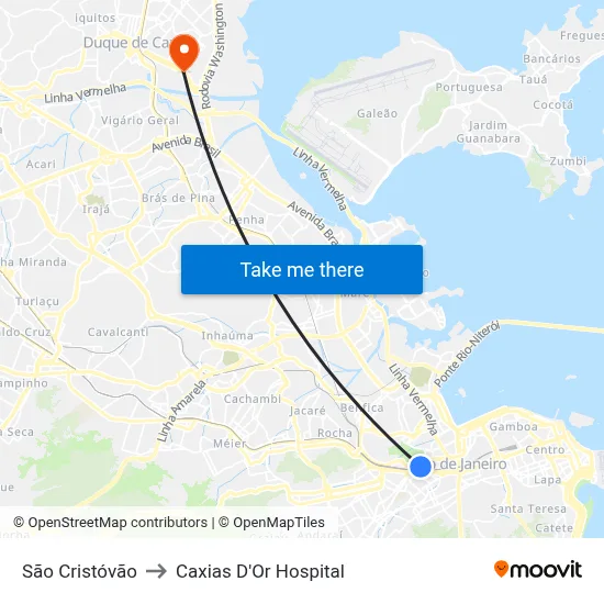 São Cristóvão to Caxias D'Or Hospital map
