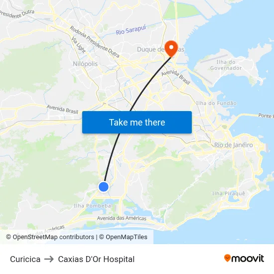 Curicica to Caxias D'Or Hospital map