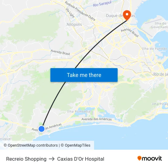 Recreio Shopping to Caxias D'Or Hospital map