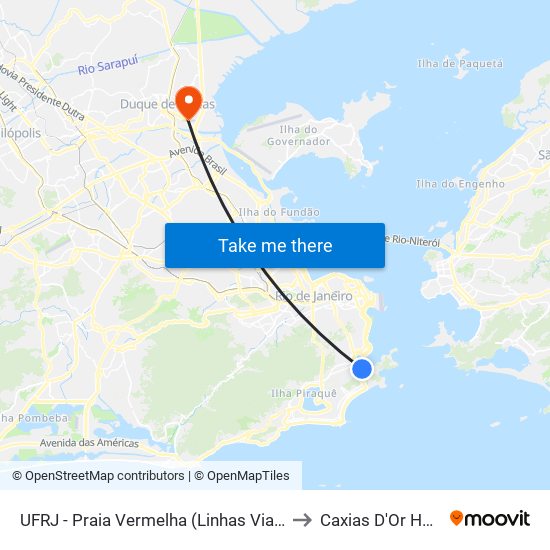 UFRJ - Praia Vermelha (Linhas Via Botafogo) to Caxias D'Or Hospital map