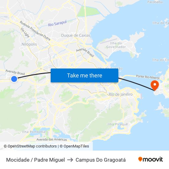 Mocidade / Padre Miguel to Campus Do Gragoatá map