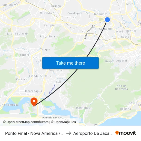 Ponto Final - Nova América / Del Castilho (Linhas Para Barra E Jpa) to Aeroporto De Jacarepaguá - Roberto Marinho map