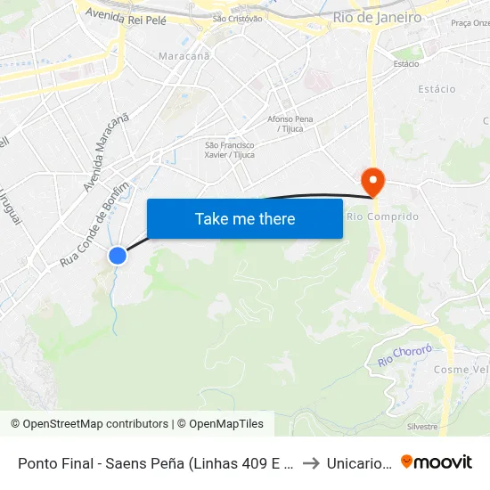 Ponto Final - Saens Peña (Linhas 409 E 416) to Unicarioca map