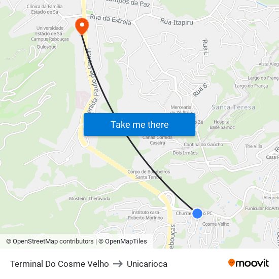 Terminal Do Cosme Velho to Unicarioca map
