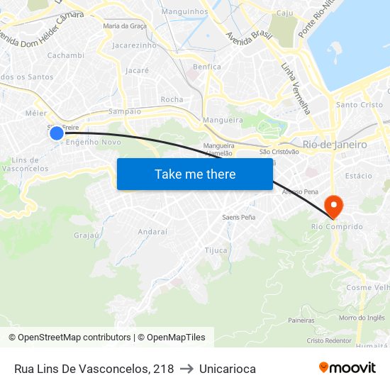 Rua Lins De Vasconcelos, 218 to Unicarioca map