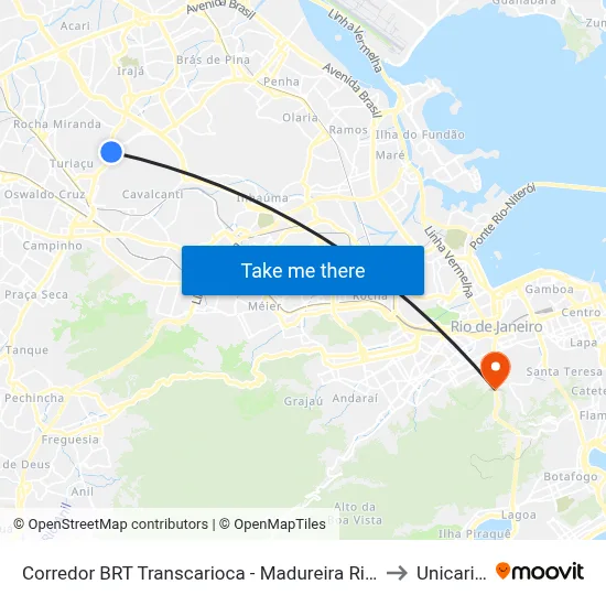 Corredor BRT Transcarioca - Madureira Rio De Janeiro to Unicarioca map