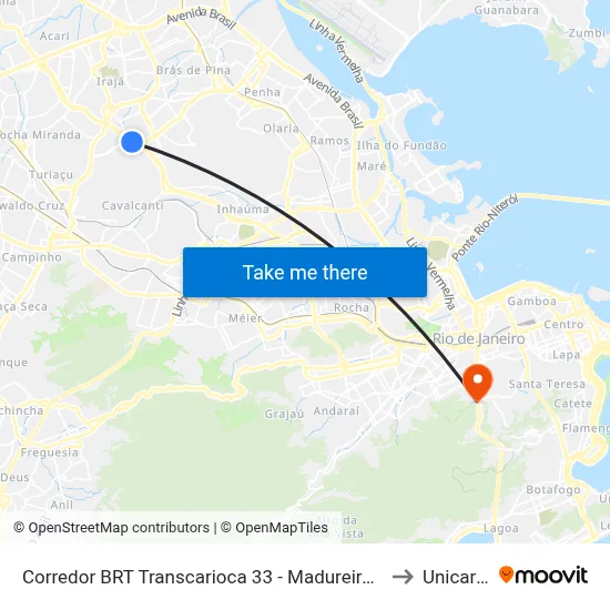 Corredor BRT Transcarioca 33 - Madureira Rio De Janeiro to Unicarioca map