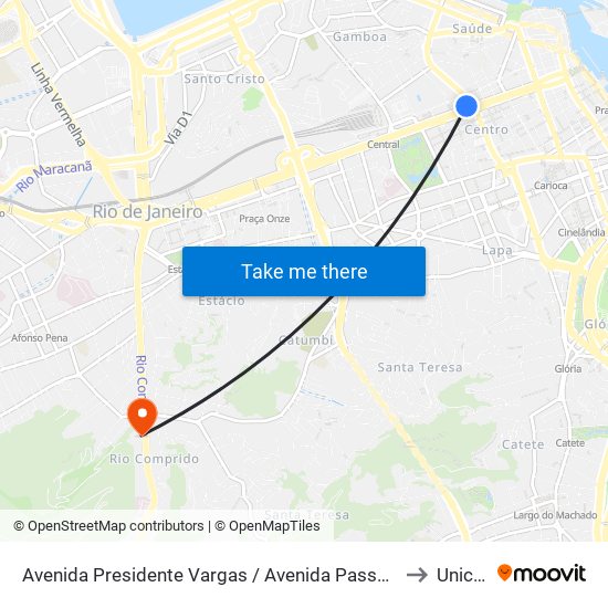 Avenida Presidente Vargas / Avenida Passos - Pista Lateral (Intermunicipais) to Unicarioca map