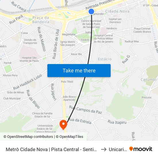 Metrô Cidade Nova | Pista Central - Sentido Candelária to Unicarioca map