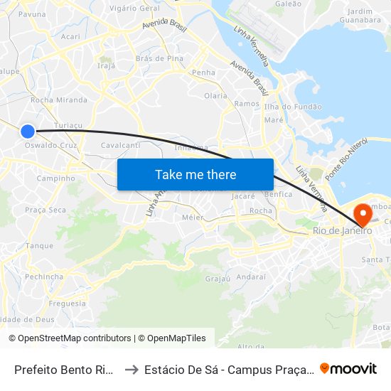 Prefeito Bento Ribeiro to Estácio De Sá - Campus Praça Onze map