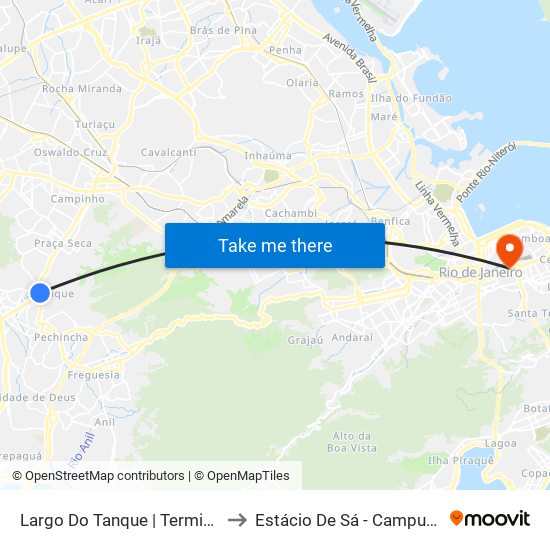 Largo Do Tanque | Terminal Do Tanque to Estácio De Sá - Campus Praça Onze map