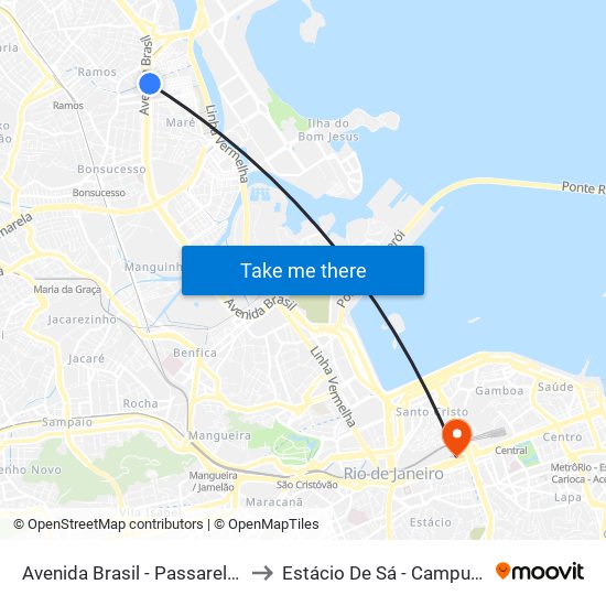 Avenida Brasil - Passarela 10 (Caracol) to Estácio De Sá - Campus Praça Onze map