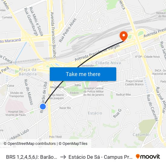 BRS 1,2,4,5,6,I: Barão De Ubá to Estácio De Sá - Campus Praça Onze map