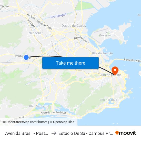 Avenida Brasil - Posto Vagão to Estácio De Sá - Campus Praça Onze map