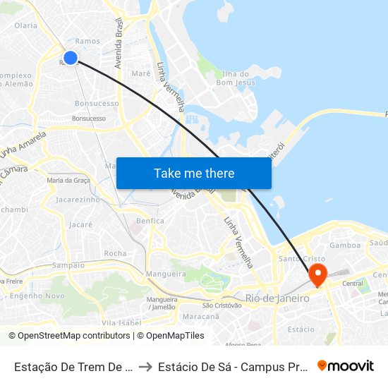 Estação De Trem De Ramos to Estácio De Sá - Campus Praça Onze map