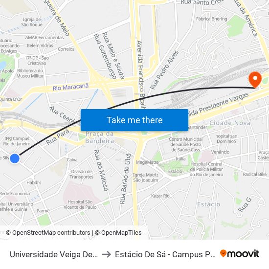 Universidade Veiga De Almeida to Estácio De Sá - Campus Praça Onze map