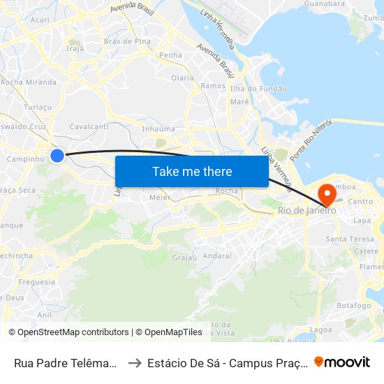 Rua Padre Telêmaco, 72 to Estácio De Sá - Campus Praça Onze map