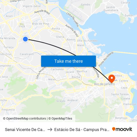 Senai Vicente De Carvalho to Estácio De Sá - Campus Praça Onze map