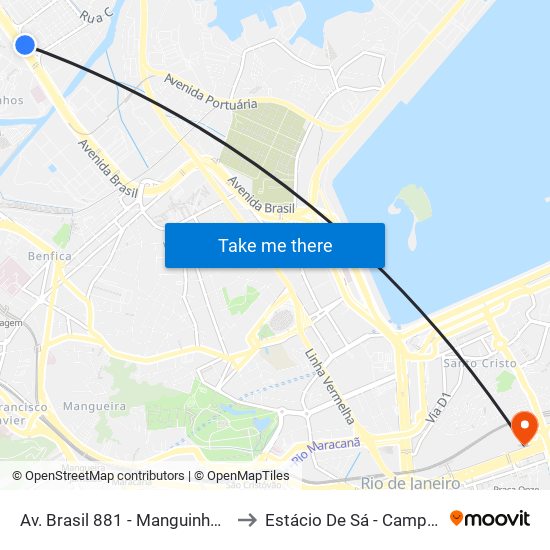 Av. Brasil 881 - Manguinhos Rio De Janeiro to Estácio De Sá - Campus Praça Onze map