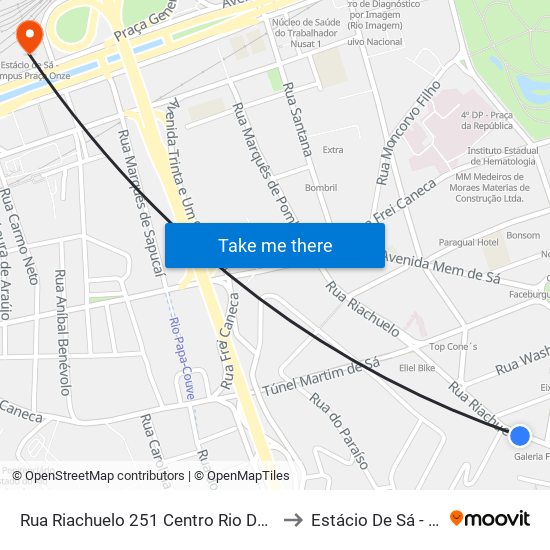 Rua Riachuelo 251 Centro Rio De Janeiro - Rio De Janeiro 20230 Brasil to Estácio De Sá - Campus Praça Onze map