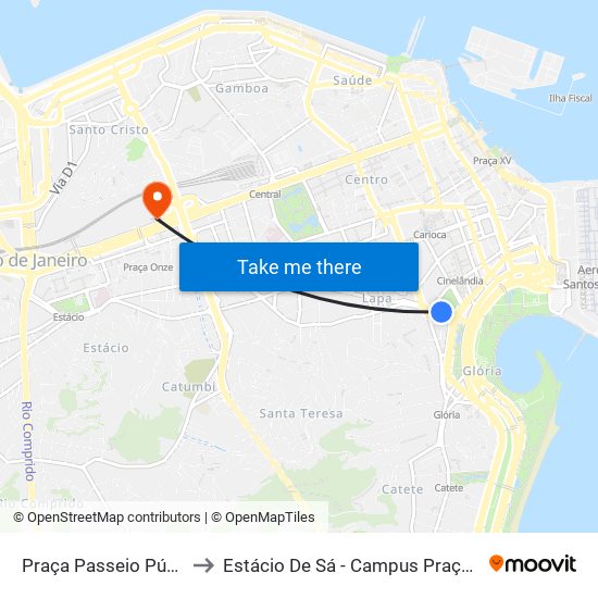 Praça Passeio Público to Estácio De Sá - Campus Praça Onze map