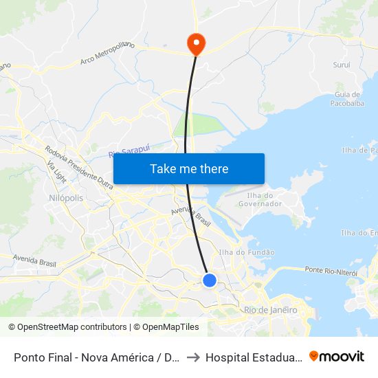 Ponto Final - Nova América / Del Castilho (Linhas 616/913 - Integração Fundão) to Hospital Estadual Adão Pereira Nunes Heliport map