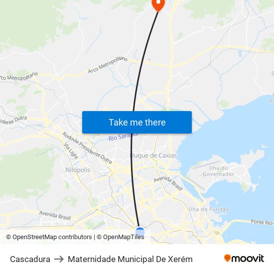 Cascadura to Maternidade Municipal De Xerém map