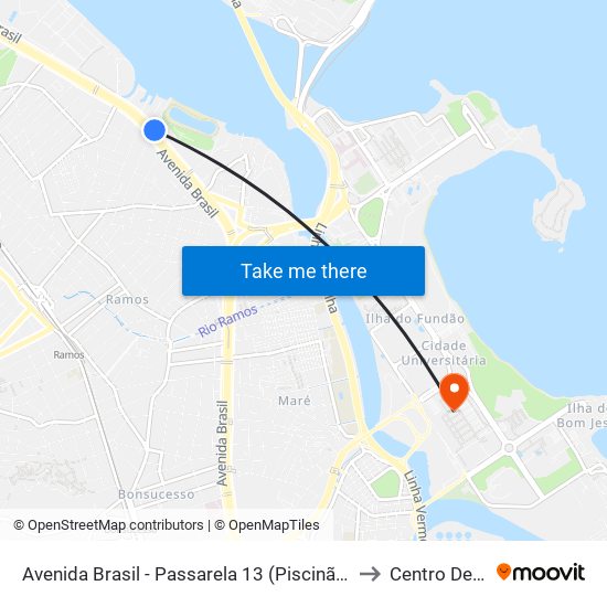 Avenida Brasil - Passarela 13 (Piscinão De Ramos - Sentido Zona Oeste) to Centro De Tecnologia map