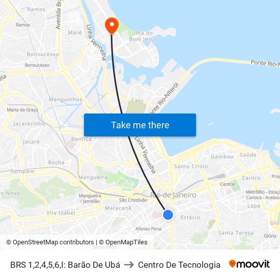 BRS 1,2,4,5,6,I: Barão De Ubá to Centro De Tecnologia map