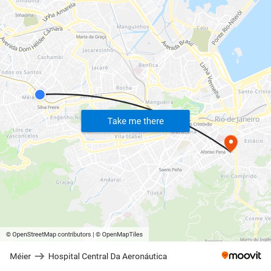 Méier to Hospital Central Da Aeronáutica map