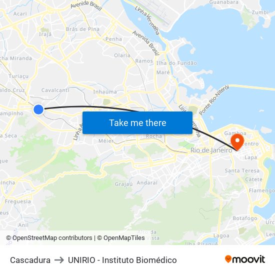 Cascadura to UNIRIO - Instituto Biomédico map