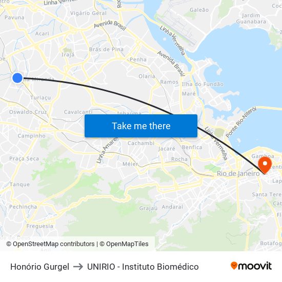 Honório Gurgel to UNIRIO - Instituto Biomédico map