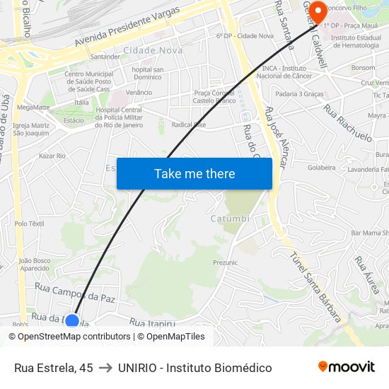 Rua Estrela, 45 to UNIRIO - Instituto Biomédico map