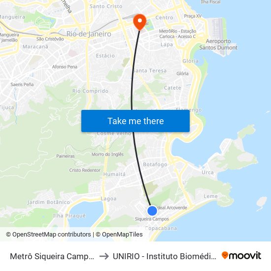 Metrô Siqueira Campos to UNIRIO - Instituto Biomédico map