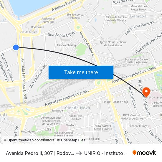 Avenida Pedro Ii, 307 | Rodoviária Novo Rio to UNIRIO - Instituto Biomédico map