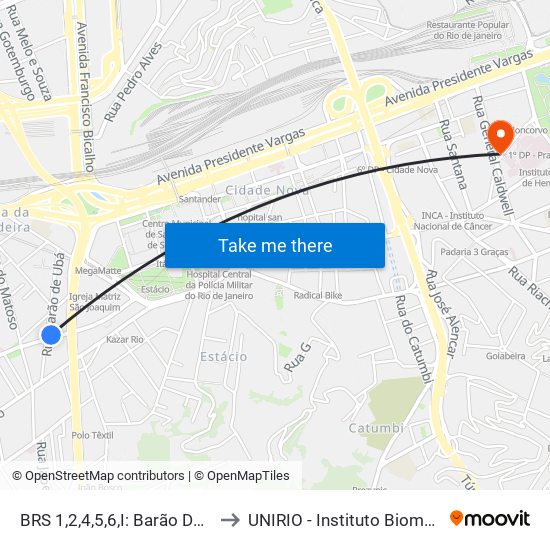 BRS 1,2,4,5,6,I: Barão De Ubá to UNIRIO - Instituto Biomédico map