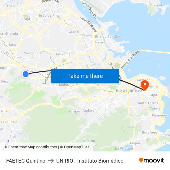 FAETEC Quintino to UNIRIO - Instituto Biomédico map