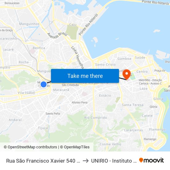 Rua São Francisco Xavier 540 (Via 24 De Maio) to UNIRIO - Instituto Biomédico map