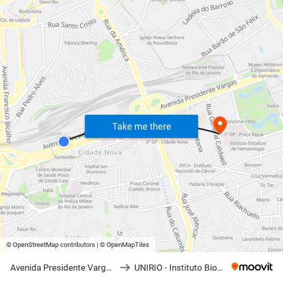 Avenida Presidente Vargas 3102 to UNIRIO - Instituto Biomédico map