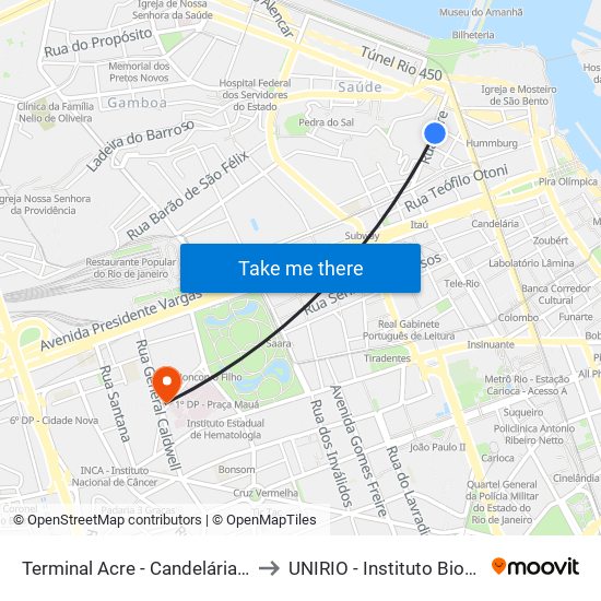 Terminal Acre - Candelária | Rio Ita to UNIRIO - Instituto Biomédico map