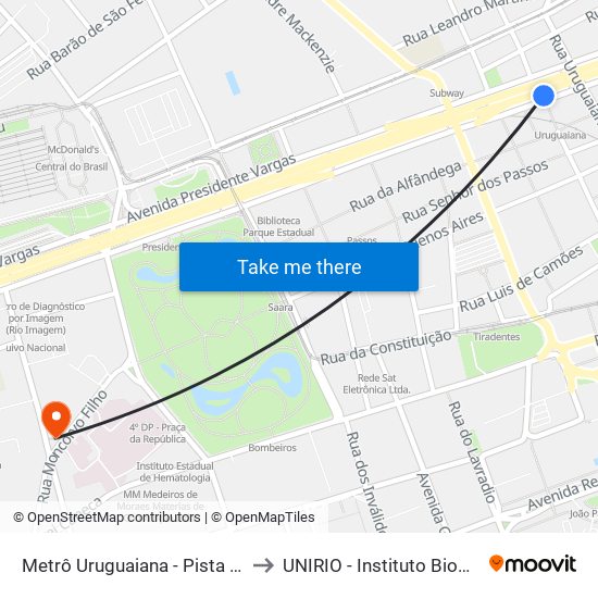 Metrô Uruguaiana - Pista Central to UNIRIO - Instituto Biomédico map