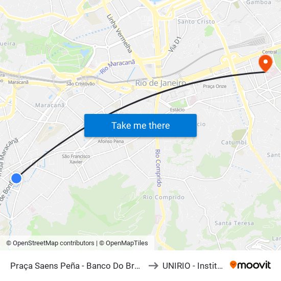 Praça Saens Peña - Banco Do Brasil (Linhas Para Rua Pareto) to UNIRIO - Instituto Biomédico map