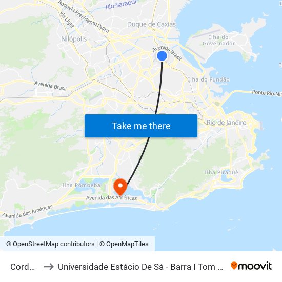 Cordovil to Universidade Estácio De Sá - Barra I Tom Jobim map