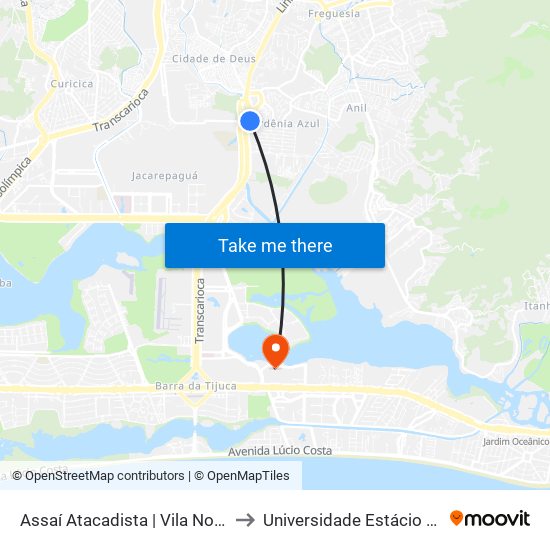 Assaí Atacadista | Vila Nova Esperança (Gardênia Azul) to Universidade Estácio De Sá - Barra I Tom Jobim map